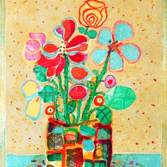 ポール・アイズピリの絵画作品　タイトルは、黒い花瓶の花束
